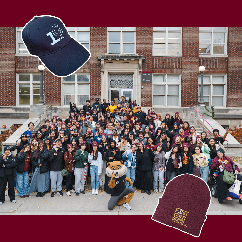 2025 First-Gen Annual Photo with superimposed images of FG beanies and hats.