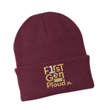 Maroon knit beanie hat with First Gen Proud logo embroidered on brim.